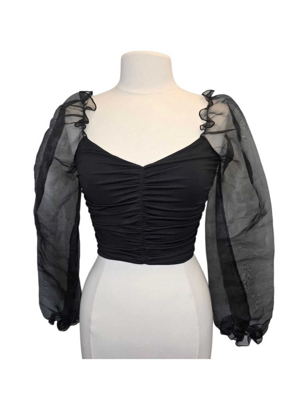 The Moon Women's S Black Ruched Sheer Long Sleeve Crop Top Y2K Goth Going Out